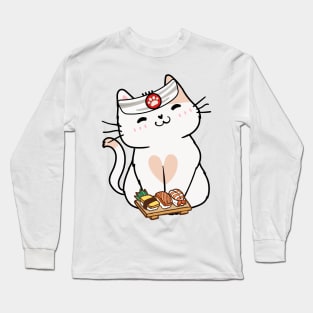 Funny white cat is a sushi chef Long Sleeve T-Shirt